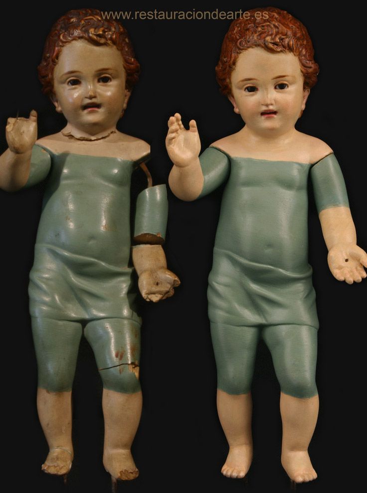 antes y después de la restauración, restauración de escultura de barro cocido, escultura Olot, España
