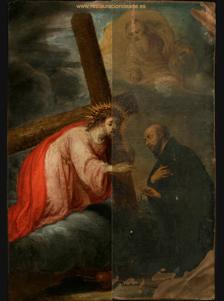 restauración de pintura sobre cobre, foto montage de antes y después de la restauración de la pintura sobre cobre, estudio de restauración en Madrid