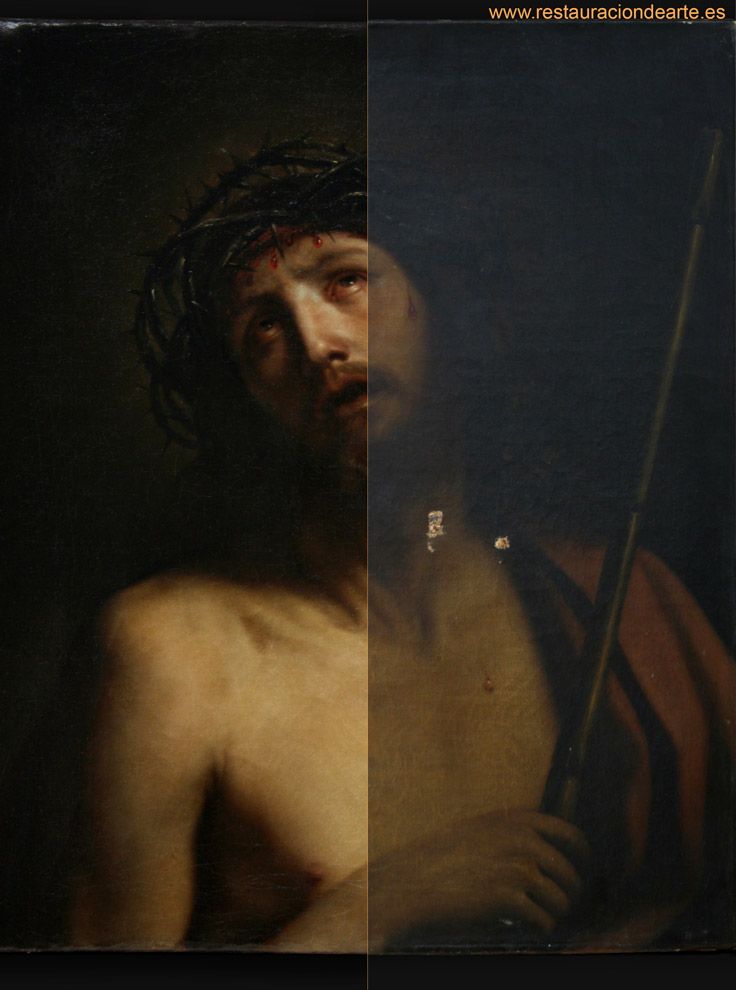 Limpieza de barniz alterado y contaminación en pintura sobre lienzo, fotografía inicial antes y después de la restauración del cuadro del Ecce Homo