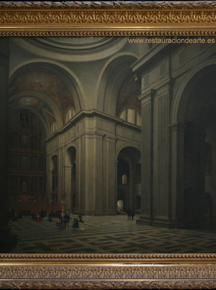 Fotografía del cuadro con marco dorado ante de eliminar la suciedad y barniz oxidado sobre el cuadro en el estudio de restauración de pintura en Madrid.