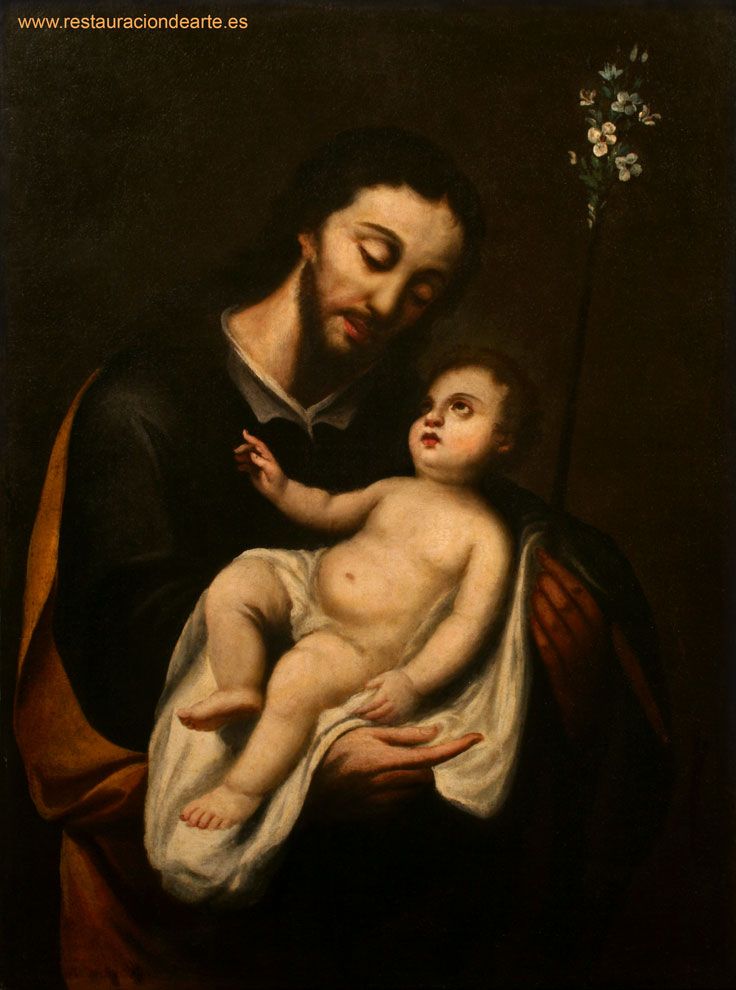 Cuadro de San José y el niño Jesús después de restaurar el barniz alterado y sucio 